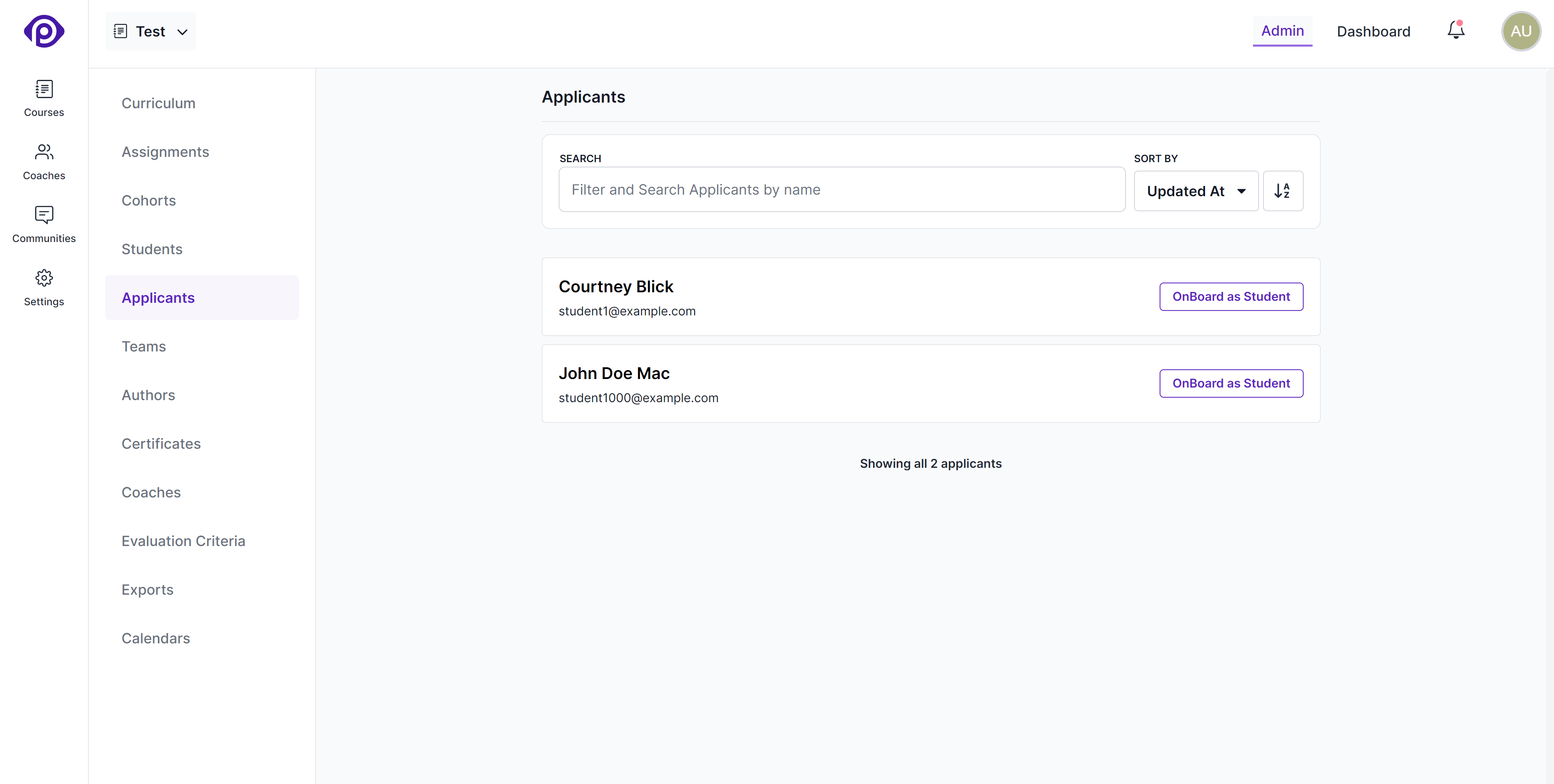 Applicants page within a course in the school administration interface