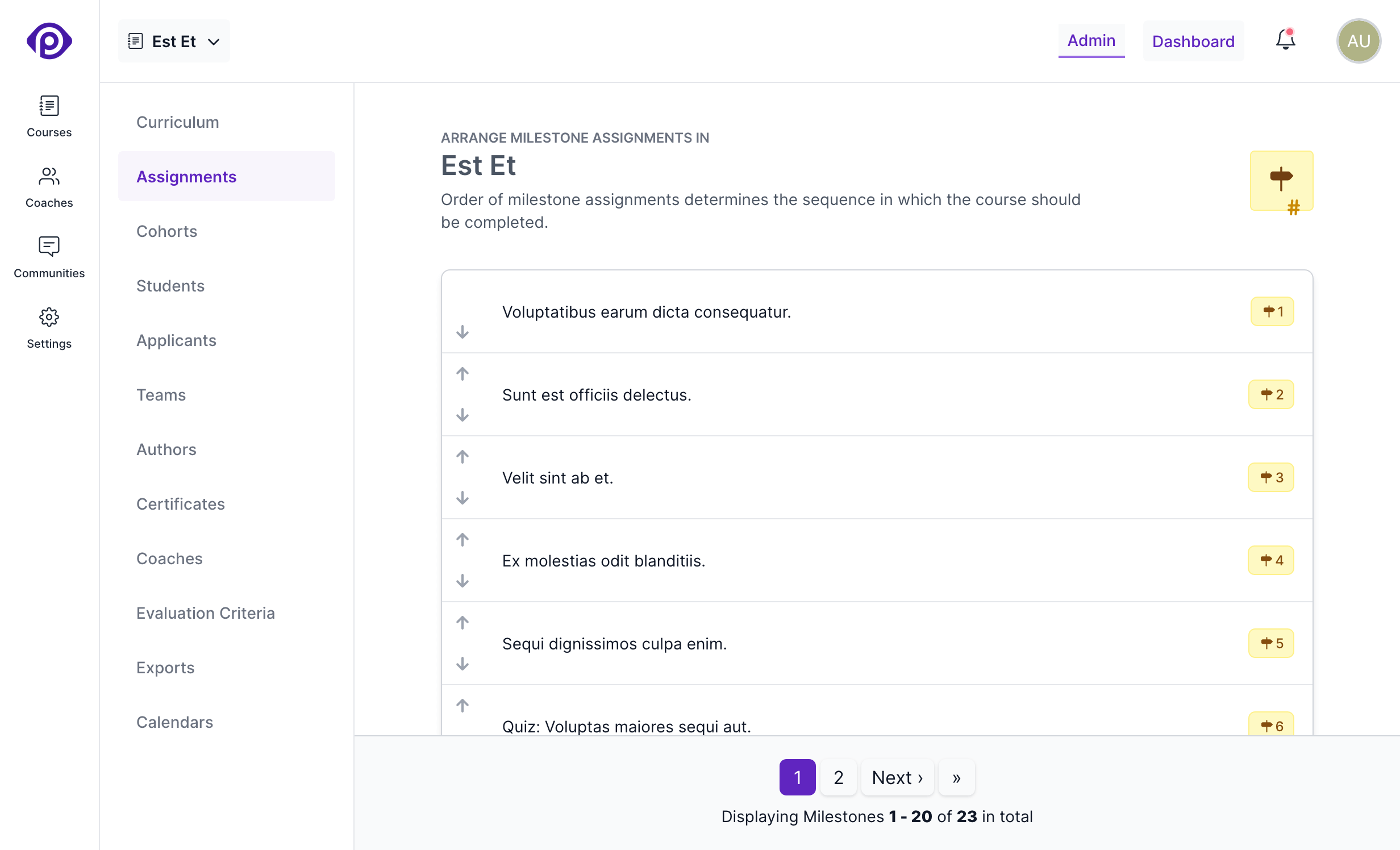 Screenshot of assignments page