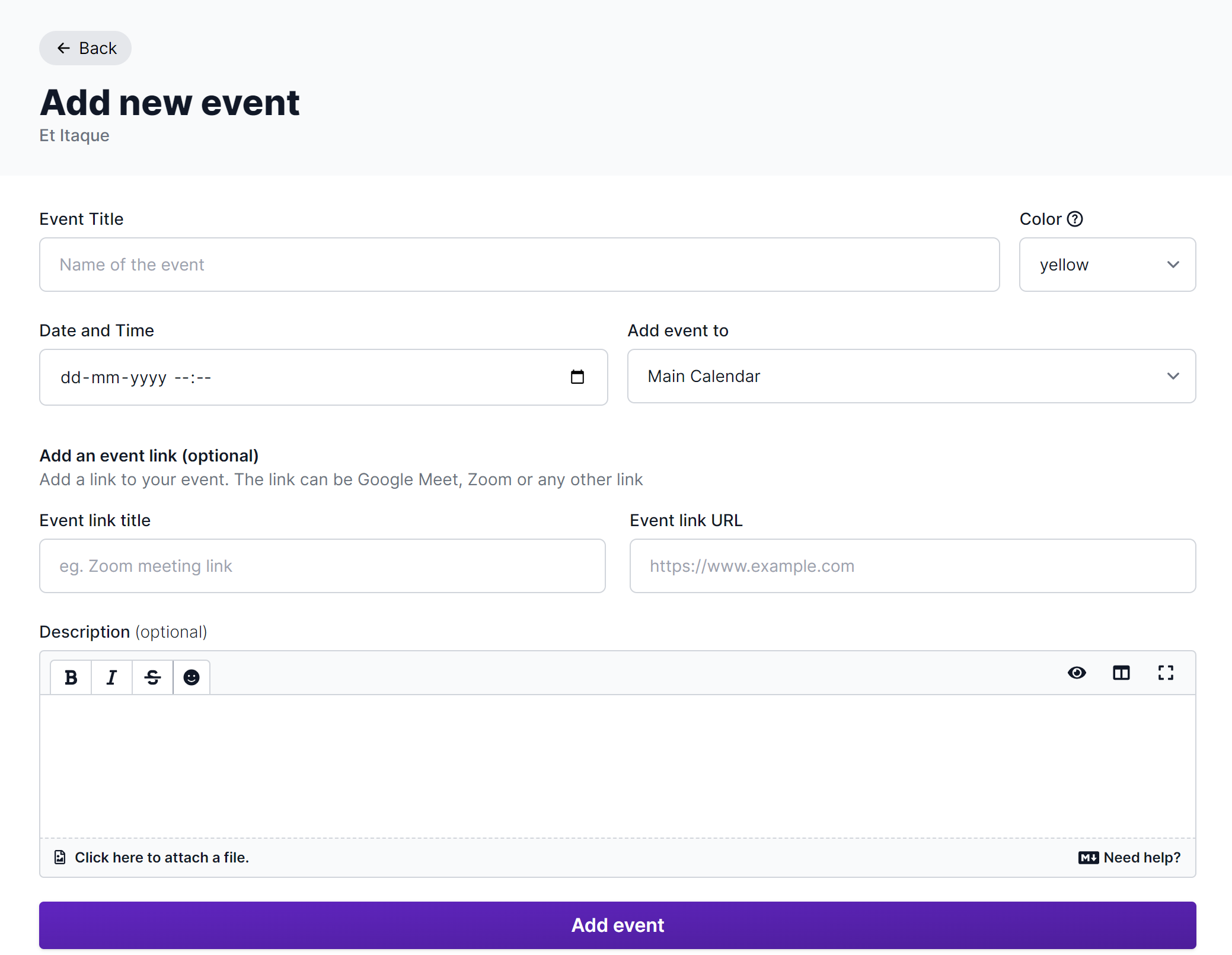 Screenshot of the event creation form