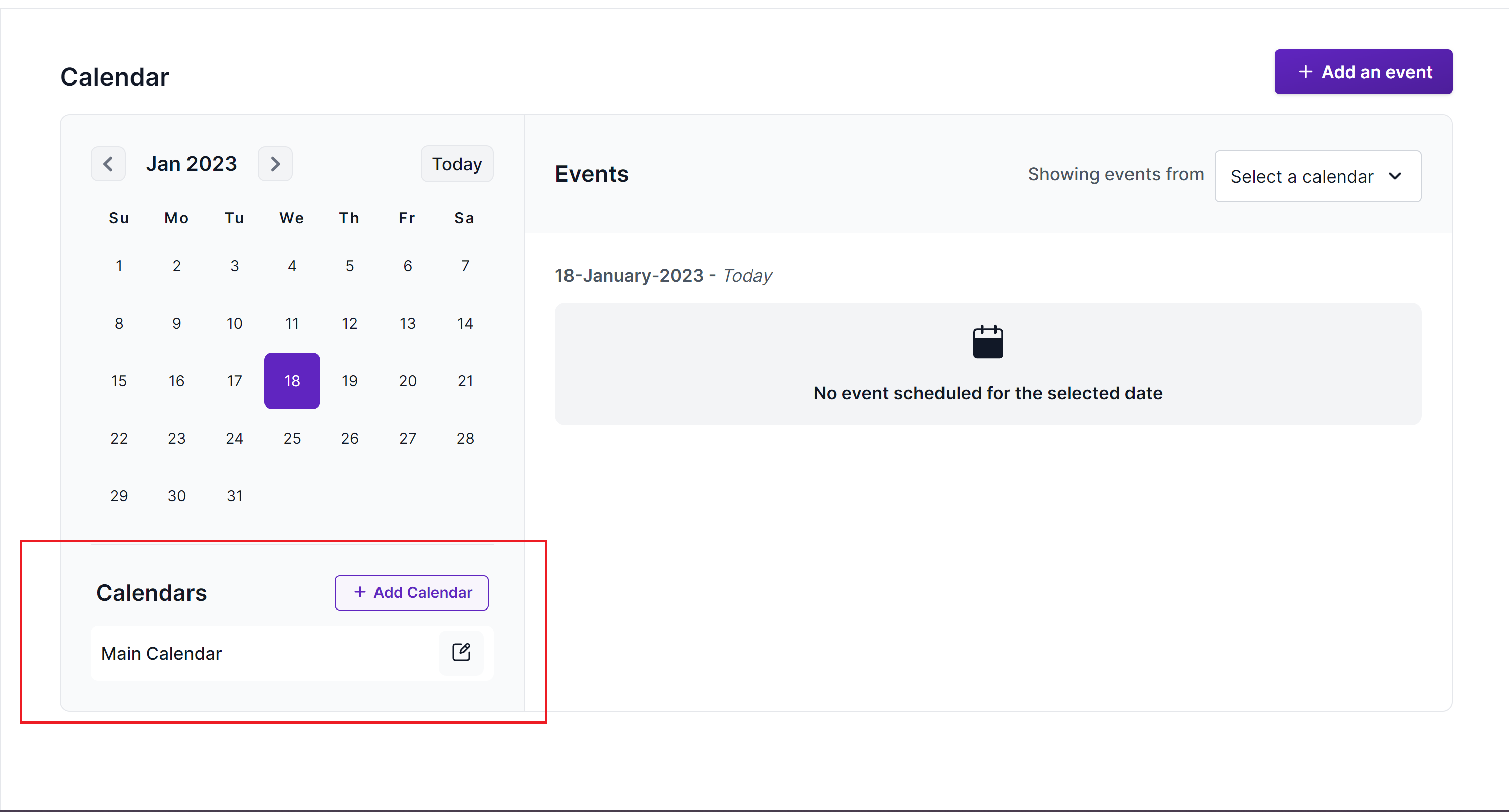 Screenshot of the calendar editor