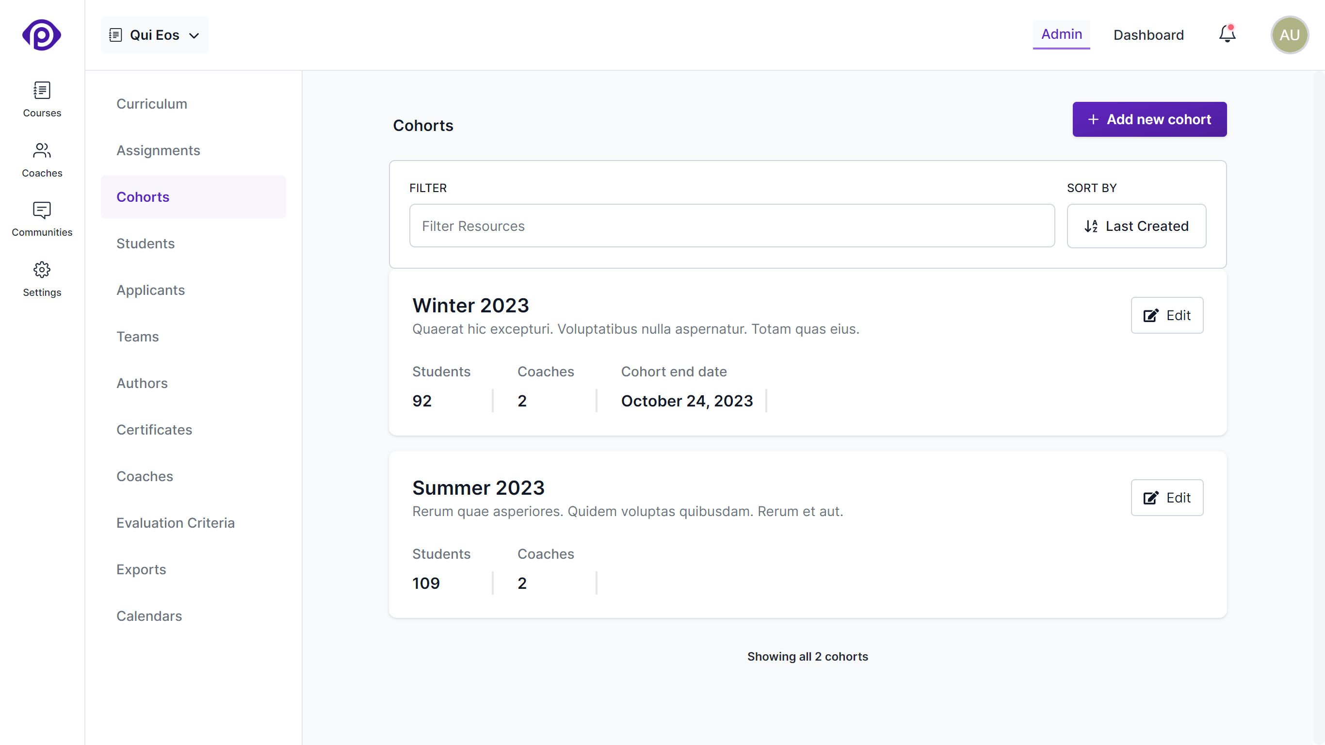 Cohorts page within a course in the school administration interface