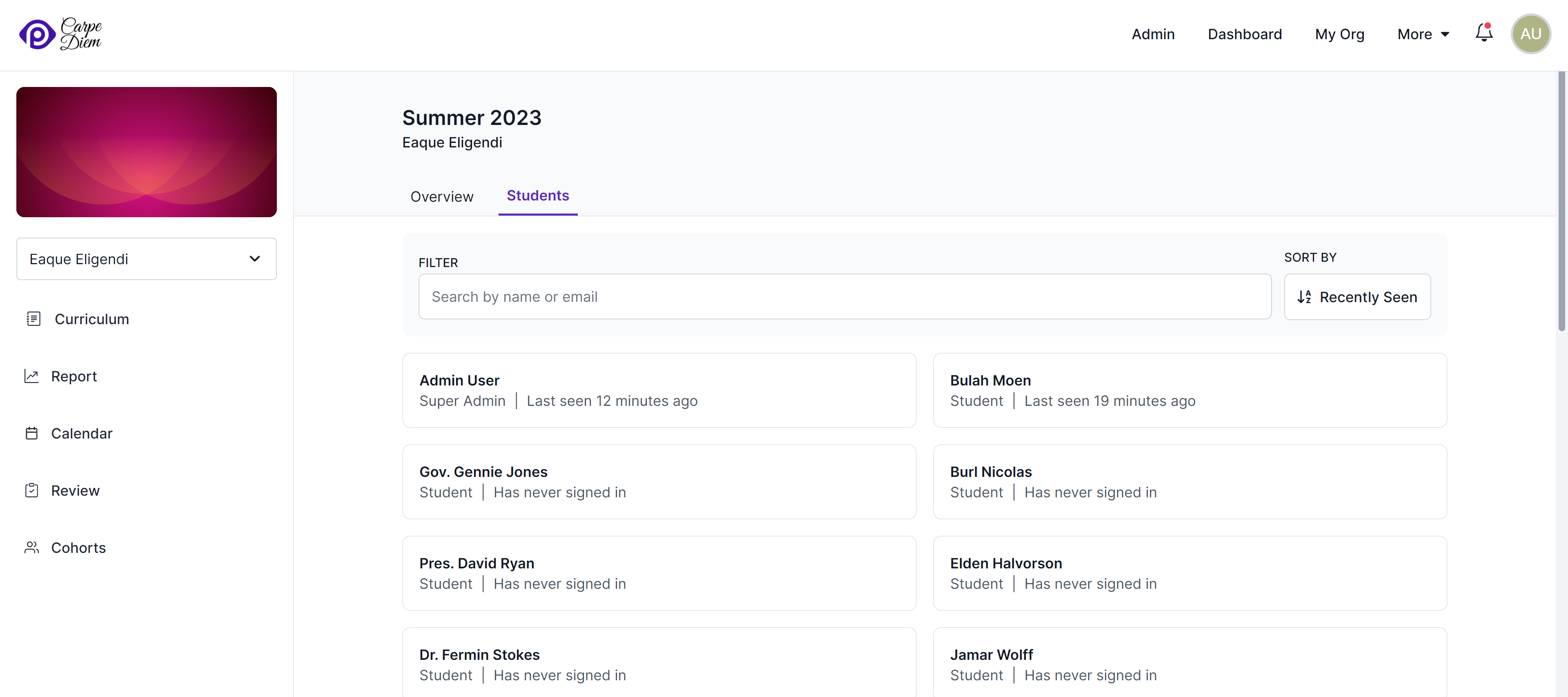 A cohort's students page