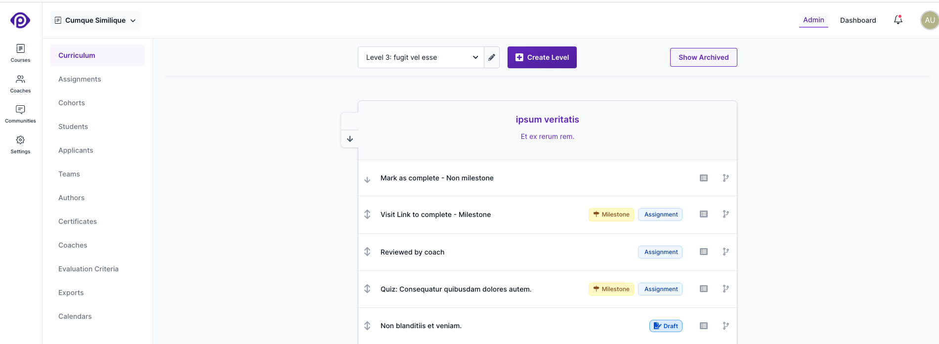 Curriculum editor in the school administration interface