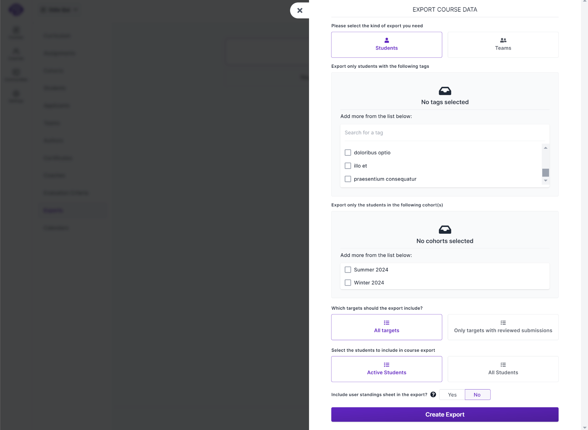 Course exports interface