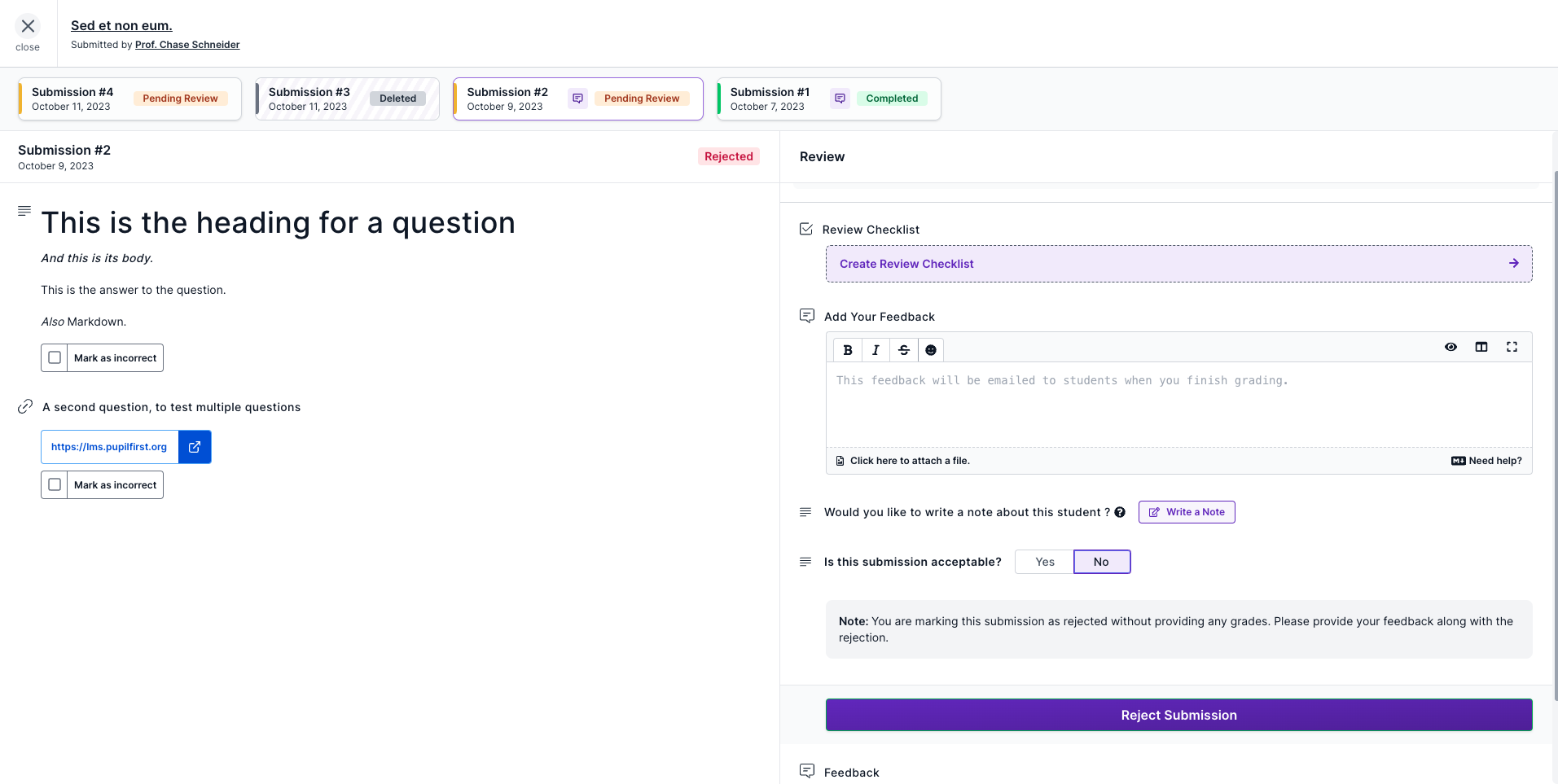 Rejecting a submission