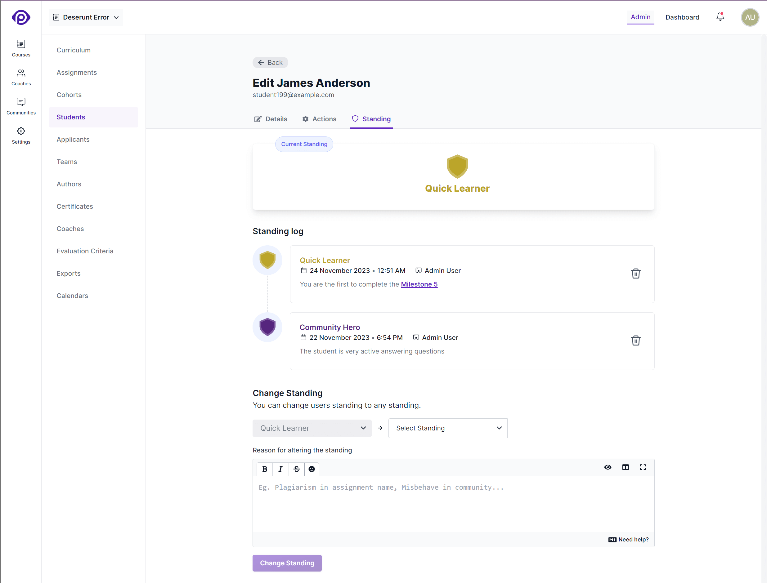 Student standing page