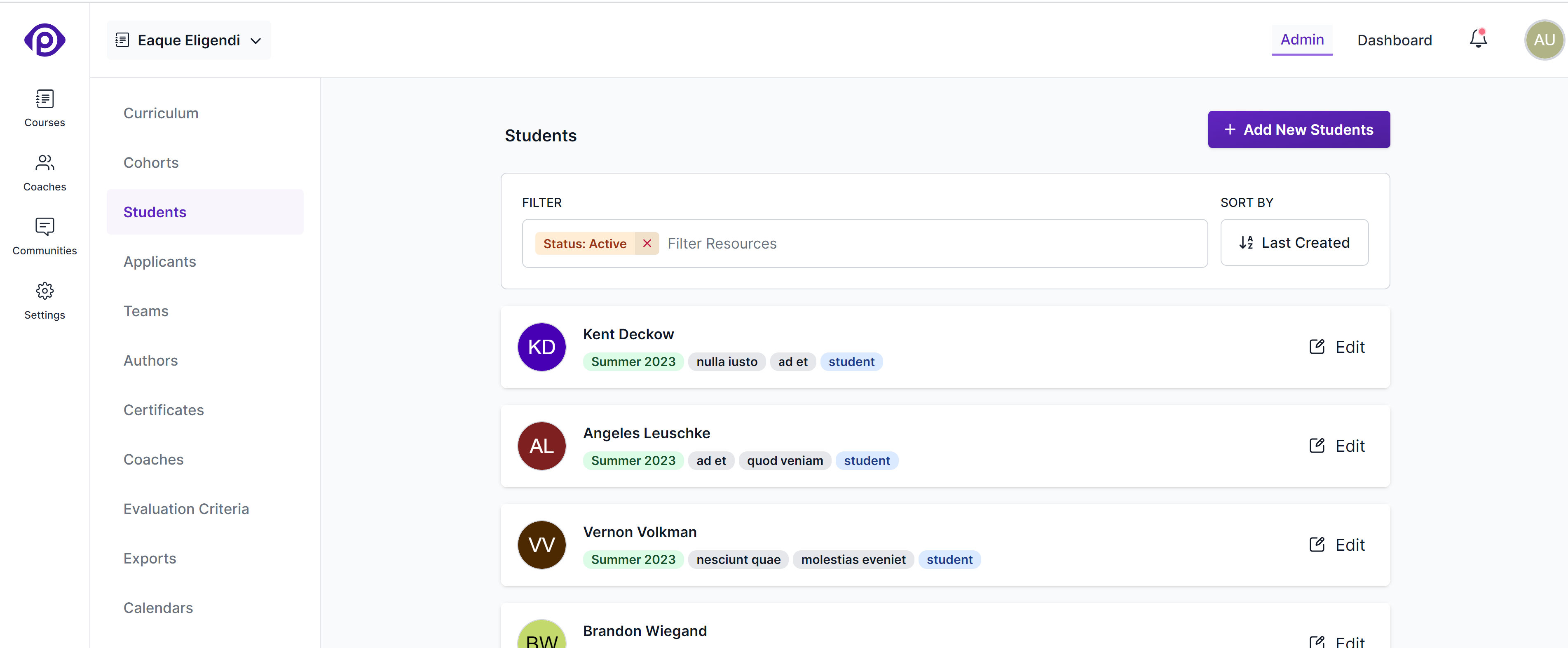 Students page within a course in the school administration interface