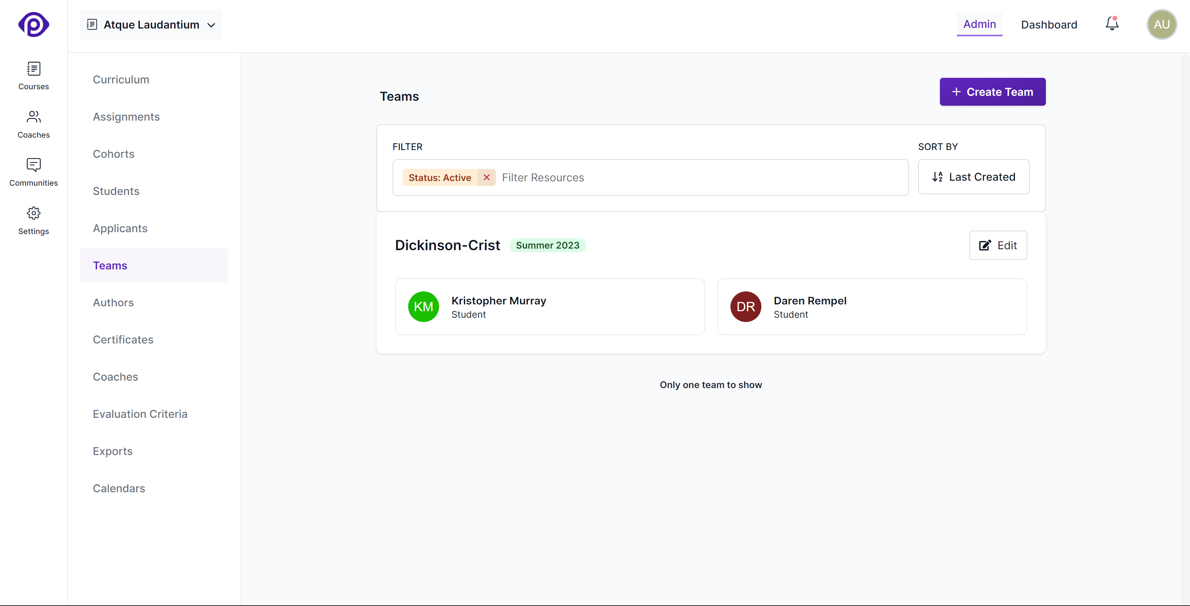 Teams page within a course in the school administration interface